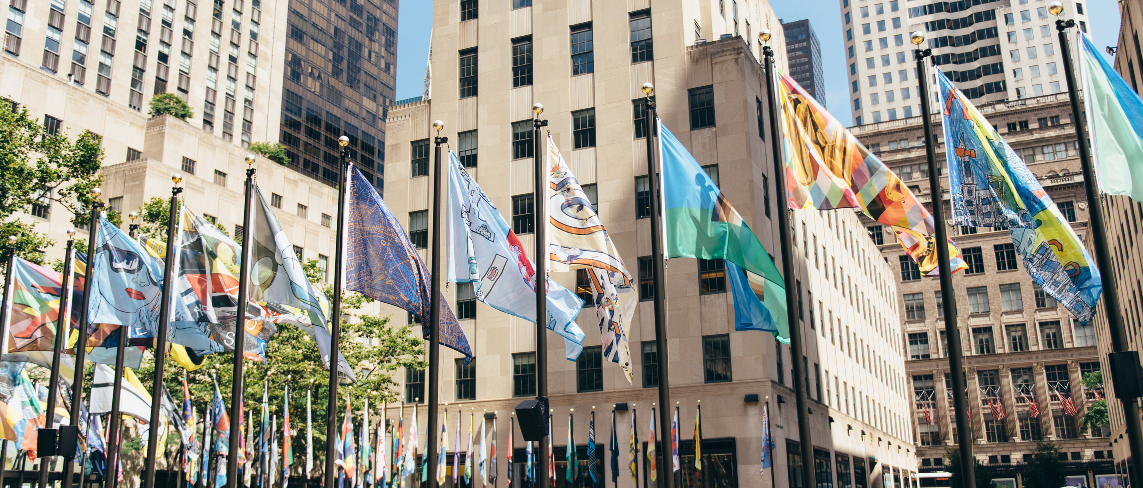 Photograph of flags created by people around the world flying over the Rink.